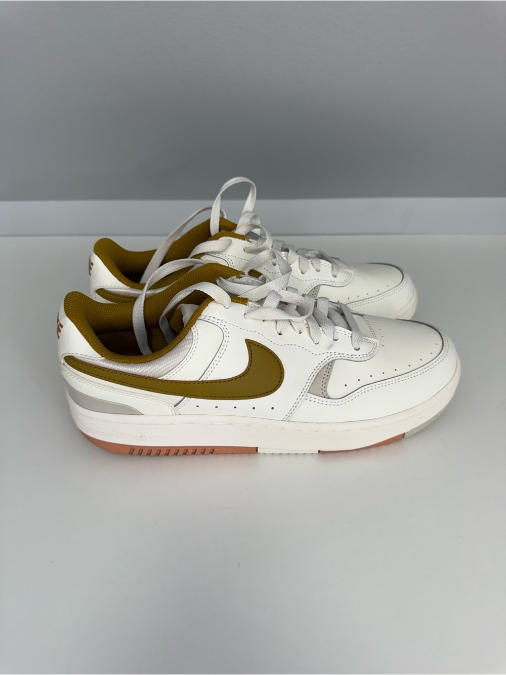Nike White Sneakers with Mustard Swoosh and Gum Sole
